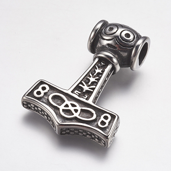 304 Stainless Steel Pendants, Thor's Hammer, Antique Silver, 33x48x15mm, Hole: 8mm