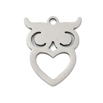 201 Stainless Steel Pendants, Owl Charms, Stainless Steel Color, 16.5x13x1mm, Hole: 1.4mm