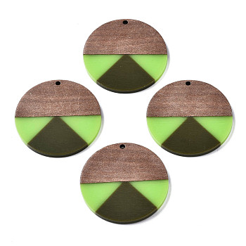 Resin & Walnut Wood Pendants, Flat Round, Dark Olive Green, 38x3mm, Hole: 2mm