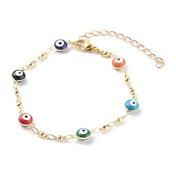 Brass Enamel Evil Eye Link Chain Bracelets, with 304 Stainless Steel Lobster Claw Clasps, Golden, Colorful, 7-1/2 inch(19cm)