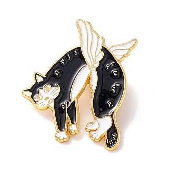 Alloy Enamel Brooches, with Alloy Pin and Brass Butterfly Clutches, Black Cat, Light Gold, 32x26x1mm