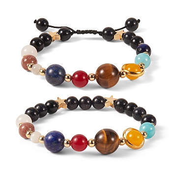 Round Natural Mixed Stone Braided Bead Bracelet Sets, Star Brass Beads Stretch Bracelets, 7 Chakra Jewelry for Her, Inner Diameter: 2-1/8~3-3/8 inch(5.5~8.6cm), 2pcs/set