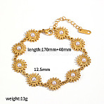 304 Stainless Steel & Plastic Pearl Link Chain Bracelets for Women, Sun, Real 18K Gold Plated, 6.69 inch(17cm)(WGB2EA6-03)