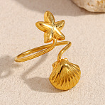 304 Stainless Steel Adjustable Cuff Rings for Women, Starfish & Shell, Golden, US Size 7 3/4(17.9mm)(RJEW-B130-01G)