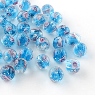 Handmade Luminous Inner Flower Lampwork Beads, Round, Deep Sky Blue, 8mm, Hole: 1mm(LAMP-R129-8mm-04)