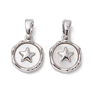 Rack Plating Brass Pave Shell Flat Round Charms with Star, Seashell Color, Platinum, 12.5x10x3mm, Hole: 5x2.8mm(KK-K360-06P)