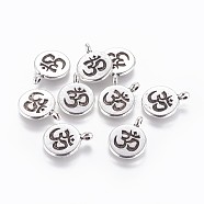 Tibetan Style Alloy Pendants, Flat Round with Aum/Om Symbol, Antique Silver, 19.5x15x2mm, Hole: 1.6mm(PALLOY-F250-14AS)