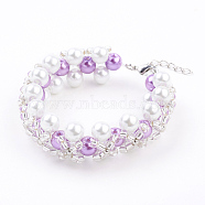 (Jewelry Parties Factory Sale)Pearlized Glass Round Beads Bracelets, with 6/0 Glass Seed Beads and Brass Findings, Platinum, Medium Orchid, 7-1/8 inch(180mm)(BJEW-JB03306-02)