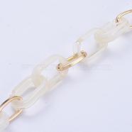 Handmade Paperclip Chains, Drawn Elongated Cable Chains, with Aluminium Linking Rinds and Acrylic Linking Rinds, Imitation Gemstone Style, Light Gold, Antique White, Link: 16x8x2mm, 18.5x11.5x4.5mm, 39.37 inch(1m)/strand(AJEW-JB00606-06)