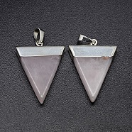 Natural Rose Quartz Pendants, with Silver Color Plated Brass Findings, Triangle, 30~35x23~28x5mm, Hole: 8x5mm(G-P050-04)