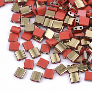 2-Hole Glass Seed Beads, Half Golden Plated Colours, Square, Red, 5x4.5~5.5x2~2.5mm, Hole: 0.5~0.8mm, about 118pcs/10g(X-SEED-S031-L-045-G)