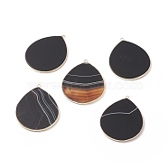 Natural Striped Agate/Banded Agate Pendants, with Brass Findings, teardrop, Dyed & Heated, Golden, 41~41.5x32x2mm, Hole: 1.5mm(G-E526-01G)
