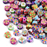 Handmade Polymer Clay Beads, Flat Round with Smiling Face & Flower, Mixed Color, 8.5~10x4.5mm, Hole: 1.5mm(CLAY-T019-14)