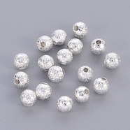 Brass Textured  Round Beads, Nickel Free, Silver Color Plated, 4mm, Hole: 1mm(X-KK-EC247-S-NF)
