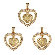 3Pcs Religion Theme Brass Micro Pave Clear Cubic Zirconia Pendants, Heart with Statue of Jesus Christ, Real 18K Gold Plated, 27x21x2mm, Hole: 4x2.5mm(KK-SZ0005-52)