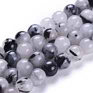 Natural Tourmalinated Quartz/Black Rutilated Quartz Beads Strands, Round, 10mm, Hole: 1mm, about 40pcs/strand, 15.7 inch(40cm)(G-E558-04-10mm)