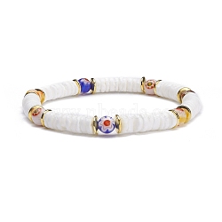 Natural White Shell Heishi Beads Stretch Bracelet, Flower Millefiori Glass Round Beads Bracelet for Women, White, Inner Diameter: 2-1/8 inch(5.5cm)(BJEW-JB07266-01)