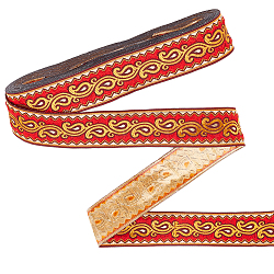 Ethnic Style Polyester Jacquard Leaf Ribbons, Red, 1-1/4 inch(33mm)(SRIB-WH0011-198B)