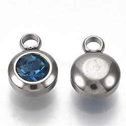 Rhinestone Charms, December Birthstone Charms, with 201 Stainless Steel, Flat Round, Stainless Steel Color, Capri Blue, 9x6.5x4mm, Hole: 1.8mm(STAS-S105-JN919-12)