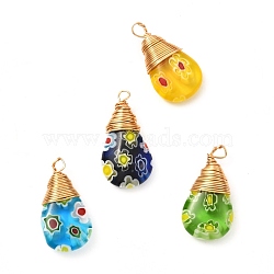 Lampwork Pendants, with Handmade Millefiori Glass Charms and Copper Wire, Teardrop, Mixed Color, 15~15.5x8x4mm, Hole: 1mm(PALLOY-JF00972)