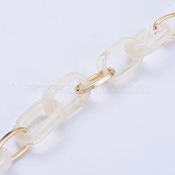 Handmade Paperclip Chains, Drawn Elongated Cable Chains, with Aluminium Linking Rinds and Acrylic Linking Rinds, Imitation Gemstone Style, Light Gold, Antique White, Link: 16x8x2mm, 18.5x11.5x4.5mm, 39.37 inch(1m)/strand(AJEW-JB00606-06)