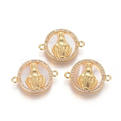 Brass Micro Pave Cubic Zirconia Links connectors, with Shell, Flat Round with Virgin Mary, Clear, Golden, 16x21x3mm, Hole: 1.4mm(KK-I656-34G)