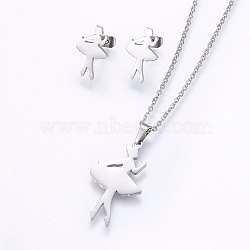 304 Stainless Steel Jewelry Sets, Stud Earrings and Pendant Necklaces, Dancer, Stainless Steel Color, Necklace: 17.7 inch(45cm), Stud Earrings: 16x10x1.2mm, Pin: 0.8mm(SJEW-O090-18P)