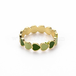 Rack Plating Light Gold Alloy Enamel Rings, Cadmium Free & Lead Free, Heart, Dark Green, US Size 7(17.3mm)(RJEW-Q163-001-RS)