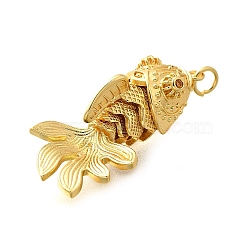 Brass Micro Pave Cubic Zirconia Pendants, Movable 3D Fish Charms, with Jump Ring, Cadmium Free & Lead Free, Long-Lasting Plated, Orange, 35x18x11mm, Hole: 3mm(KK-R217-01G-01)