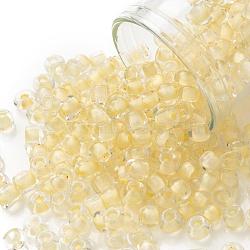 6/0 Glass Seed Beads, Transparent Inside Colours, Round Hole, Round, Champagne Yellow, 6/0, 4~5x2.5~4.5mm, Hole: 1.2mm, about 500pcs/50g(X-SEED-A014-4mm-131)