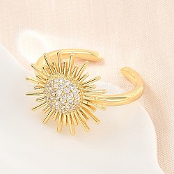 Sun Brass Micro Pave Cubic Zirconia Cuff Open Rings for Women, Cadmium Free & Lead Free, Rack Plating, Long-Lasting Plated, Real 18K Gold Plated, 17mm(CU-CBA0A21-05G)