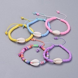 Eco-Friendly Handmade Polymer Clay Heishi Beads Kids Braided Bracelets, with Cowrie Shell Beads and Nylon Cord, Mixed Color, 1-7/8 inch~2-7/8 inch(4.7~7.3cm)(BJEW-JB04317)