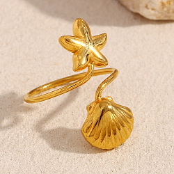 304 Stainless Steel Adjustable Cuff Rings for Women, Starfish & Shell, Golden, US Size 7 3/4(17.9mm)(RJEW-B130-01G)