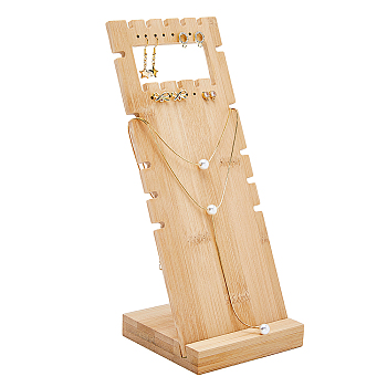2-Tier Wood Slant Back Jewelry Display Stands, Jewelry Organizer Holder for Earrings Necklaces Storage, Wheat, 9.8x9.5x24.8cm, Hole: 1.5mm