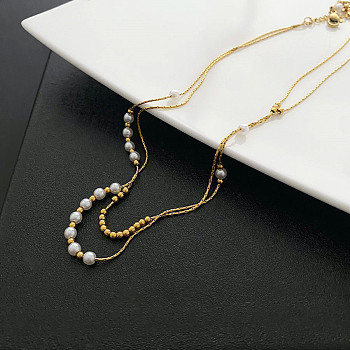 304 Stainless Steel Coreana Chains Double Layer Necklaces, with Plastic Imitation Pearl Beaded, Golden, 14.92 inch(37.9cm)