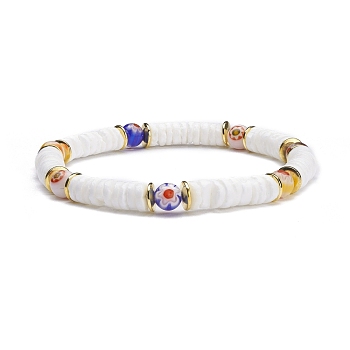 Natural White Shell Heishi Beads Stretch Bracelet, Flower Millefiori Glass Round Beads Bracelet for Women, White, Inner Diameter: 2-1/8 inch(5.5cm)