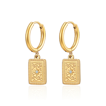 304 Stainless Steel Rhinestone Hoop Earrings, Rectangle with Star, Real 18K Gold Plated, no size