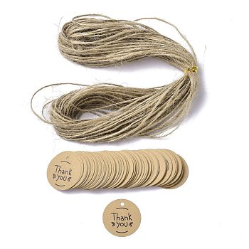 Thank You Theme Kraft Paper Jewelry Display Paper Price Tags, with Hemp Rope Twine, Flat Round, Word, 3x0.02cm, Hole: 2.8mm
