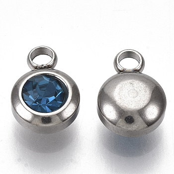 Rhinestone Charms, December Birthstone Charms, with 201 Stainless Steel, Flat Round, Stainless Steel Color, Capri Blue, 9x6.5x4mm, Hole: 1.8mm