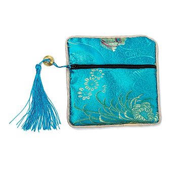Chinese Brocade Tassel Zipper Jewelry Bag Gift Pouch, Square with Flower Pattern, Deep Sky Blue, 11.5~11.8x11.5~11.8x0.4~0.5cm