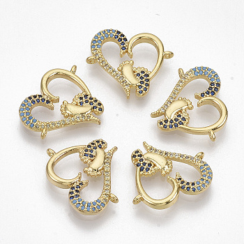 Brass Micro Pave Cubic ZirconiaLinks connectors, Heart with Baby Feet, Colorful, Golden, 19x22x2.5mm, Hole: 1mm