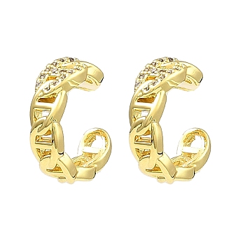 Rack Plating Brass Oval Cuff Earrings with Cubic Zirconia, Long-Lasting Plated, Lead Free & Cadmium Free, Real 18K Gold Plated, 13x14x4mm