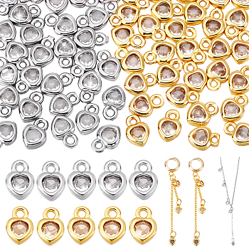 60Pcs 2 Colors Brass Micro Pave Cubic Zirconia Charms, Long-Lasting Plated, Lead Free & Cadmium Free, Heart, Platinum & Golden, 7x5x2mm, Hole: 1.4mm, 30pcs/color