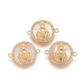 Brass Micro Pave Cubic Zirconia Links connectors, with Shell, Flat Round with Virgin Mary, Clear, Golden, 16x21x3mm, Hole: 1.4mm