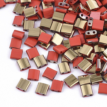 2-Hole Glass Seed Beads, Half Golden Plated Colours, Square, Red, 5x4.5~5.5x2~2.5mm, Hole: 0.5~0.8mm, about 118pcs/10g