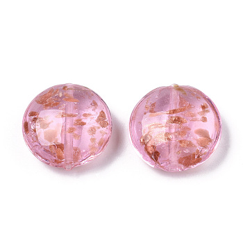 Handmade Gold Sand Lampwork Beads, Flat Round, Pearl Pink, 28.5x13mm, Hole: 1.8mm