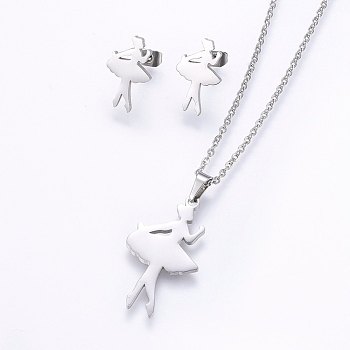 304 Stainless Steel Jewelry Sets, Stud Earrings and Pendant Necklaces, Dancer, Stainless Steel Color, Necklace: 17.7 inch(45cm), Stud Earrings: 16x10x1.2mm, Pin: 0.8mm