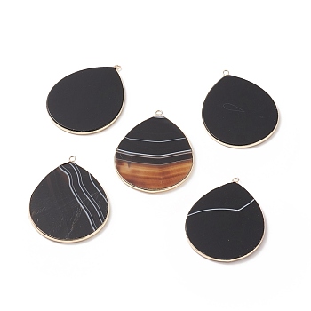 Natural Striped Agate/Banded Agate Pendants, with Brass Findings, teardrop, Dyed & Heated, Golden, 41~41.5x32x2mm, Hole: 1.5mm