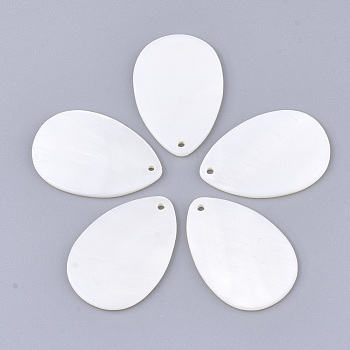 Freshwater Shell Pendants, teardrop, White, 29~29.5x20x2mm, Hole: 1.4mm