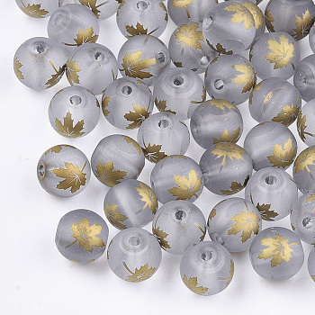 Autumn Theme Electroplate Transparent Glass Beads, Frosted, Round with Maple Leaf Pattern, Gold, 10mm, Hole: 1.5mm
